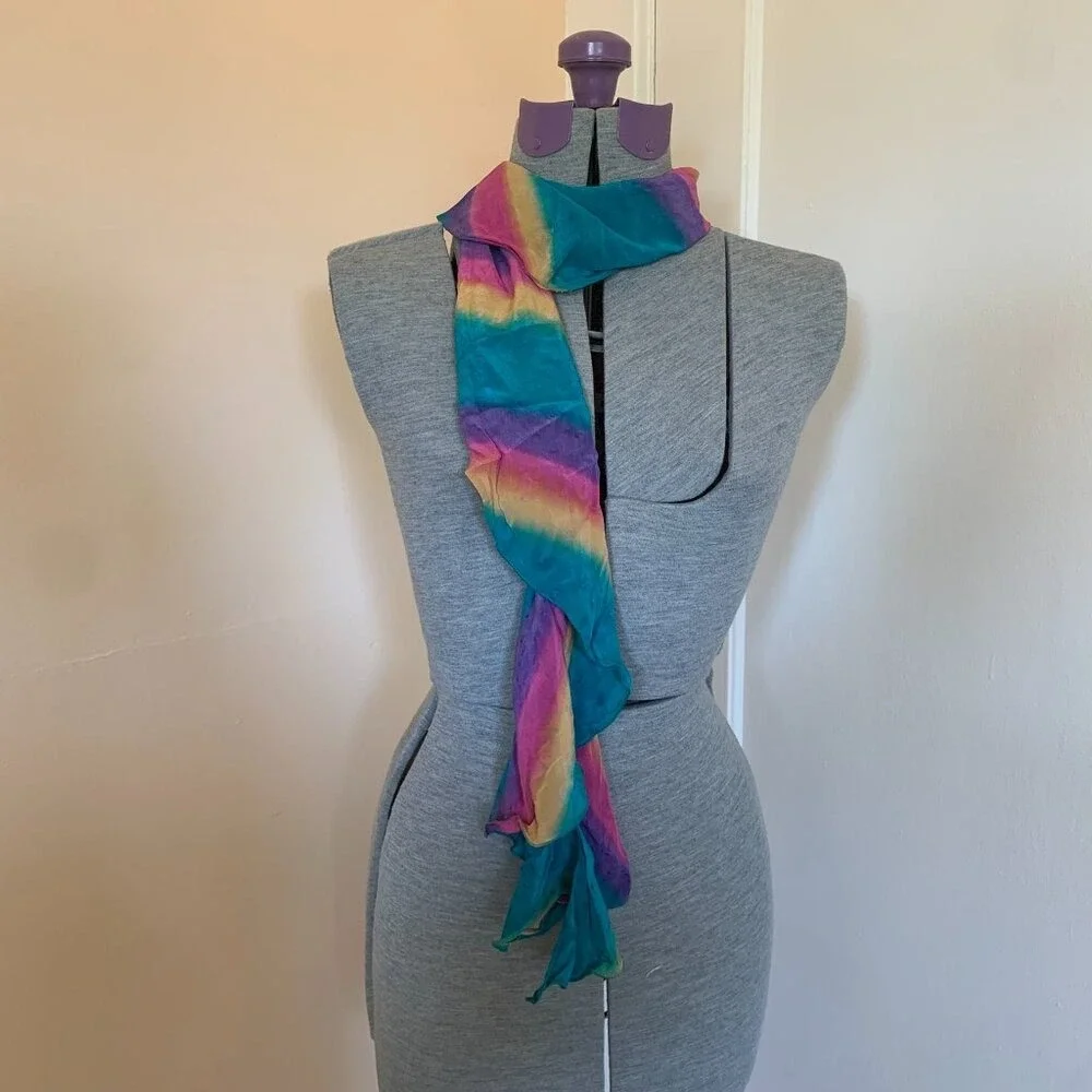 Kriska Hand Painted Silk‎ Scarf Rainbow Ombre Teal Purple Pink Yellow Art Wear